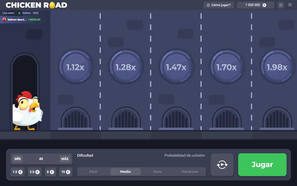 Demo oficial de Chicken Road en español: la gallina espera en la salida en nivel Medio y las primeras alcantarillas pagan de 1,12x a 1,98x