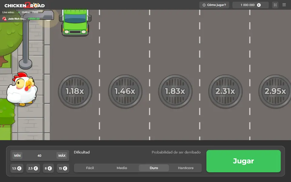 Demo oficial de Chicken Road 2 en español: la gallina espera en la acera en nivel Duro y las primeras alcantarillas pagan de 1,18x a 2,95x