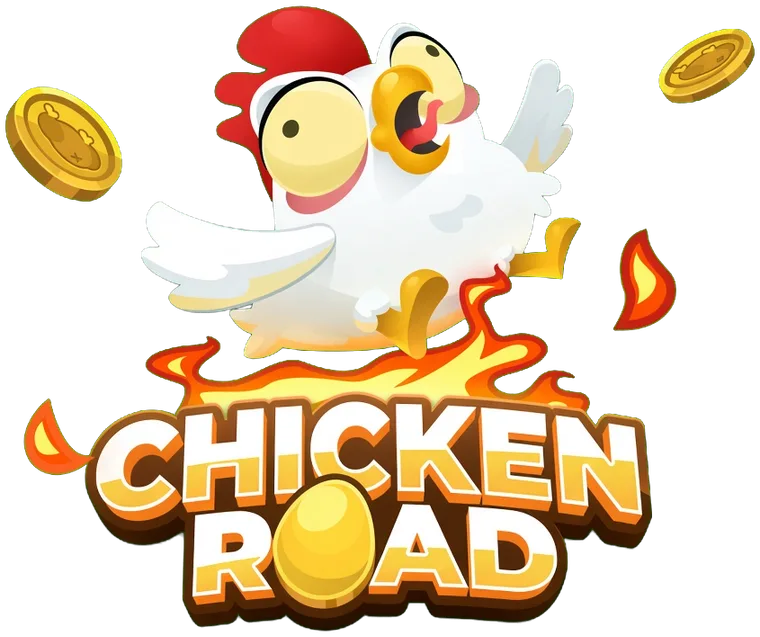 Logotipo de Chicken Road de InOut Games: la gallina blanca salta entre llamas sobre el nombre del juego, con un huevo dorado y dos monedas